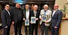 HEDRET I SØR-ØST: Ole Rivelsrud, Gunnar Olav Nilsen og John Sigurd Bakken ble alle hedret for 50 år som medlem i NSF. Her flankert av Michael Baardsen, regionleder, Jahn Cato Bakken, nestleder i NSF, og Kurt Inge Angell, NSF-leder.