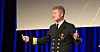 Kontreadmiral Oliver Berdal, sjef for Sjøforsvaret, under Maritim Uke 2024, der han snakket om utfordringene Sjøforsvaret har i årene som kommer.