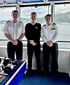 KLAR FOR LANGTUR: På Viking Star, før de hadde avgang fra Bergen på cruise som starter langs norskekysten og til slutt ender opp i New York. Fra venstre: Chief officer maintenance Alexander Jølberg Berntsen, kadett Olai Orvik og 2.styrmann Agnar Vilhelmsen.